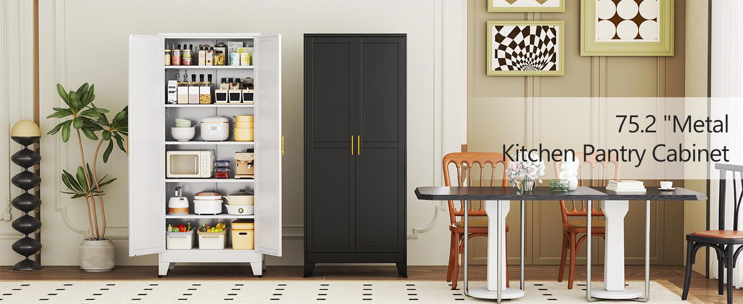 Metal Pantry Cabinet with 2 Doors and Adjustable Shelves - 71" Kitchen Storage Cabinet with Gold Handles - Versatile Storage for Kitchen, Bathroom, Dining Room, Utility Room - White