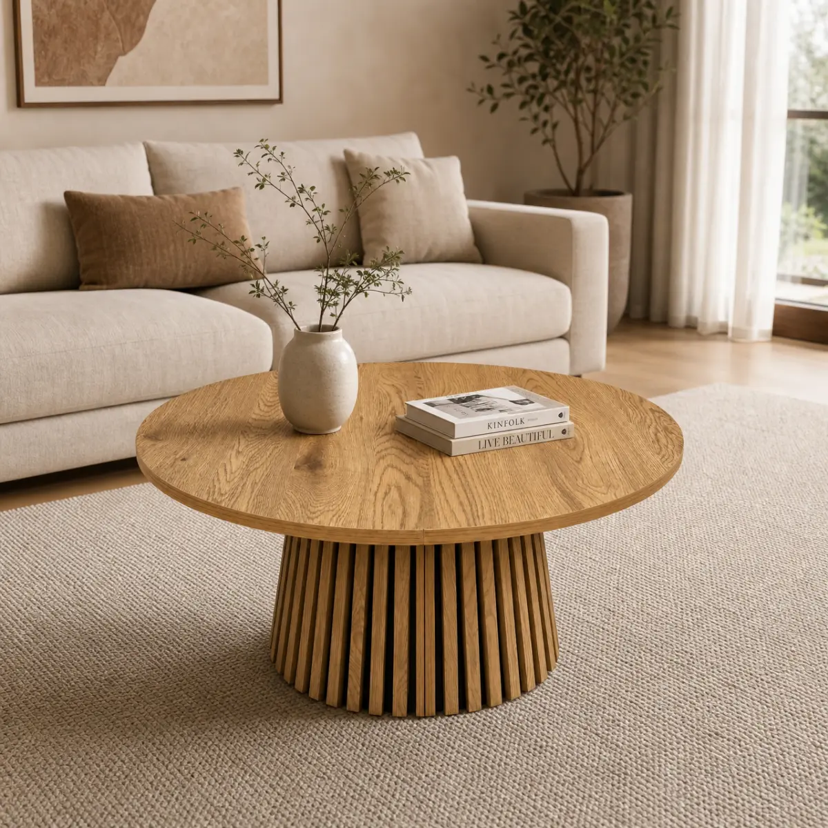 Wooden Round Coffee Table, Flexible and Extendable, Multi-functional Space-saving, Fashionable Oval Design Slatted Table Legs, Tea or Office Desk, Modern Living Room Center # ac outlet