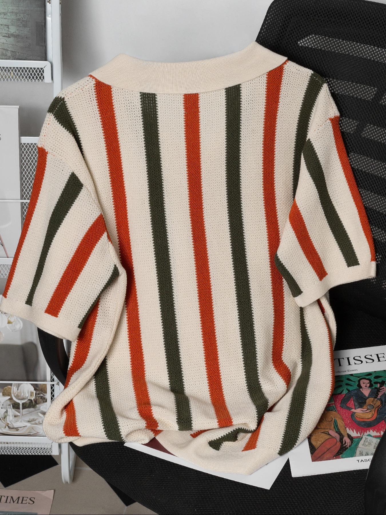 Men's Regular Fit Striped Print Polo Shirt, Casual Fitted Shortsleeve Top for Fall & Winter, Fashion Men's Multicolor Knitwear for Daily Wear, Menswear, Fashion Garment, Polo Shirts, Stylish Streetwear Collared, Chic Fashion Casual