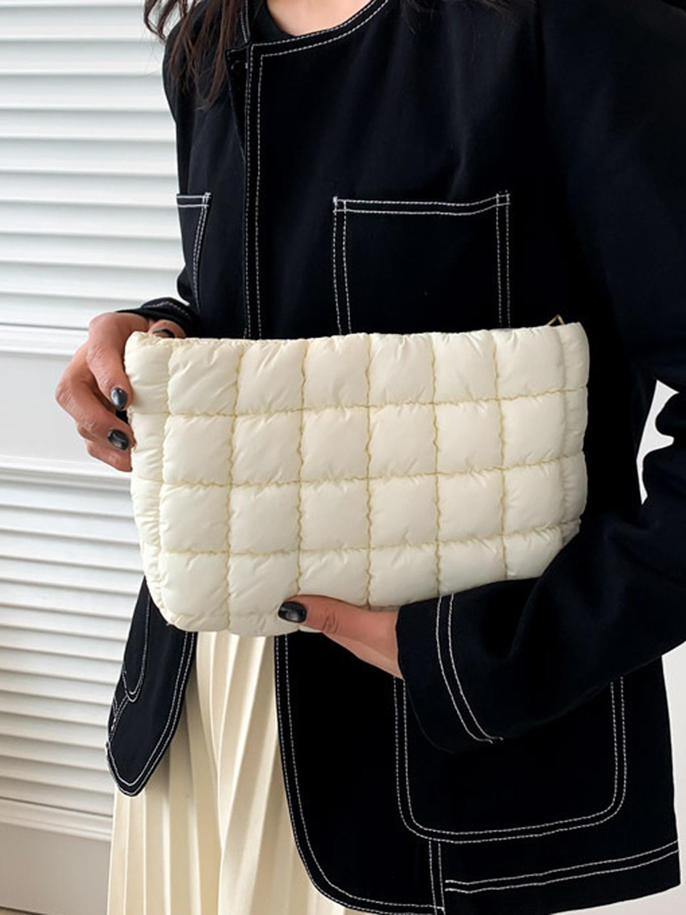 Solid color quilted design clutch bag, large capacity zipper travel storage bag, women's portable travel storage bag, back to school season, suitable for daily commuting and travel, school portable bag, Quilted Purse