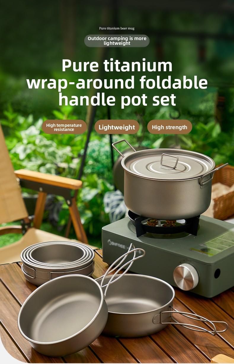 Pure Titanium Camping Cookware Set Foldable Lightweight Outdoor Pot Pan for Backpacking Hiking Picnic Cooking with Soup Frying Pot