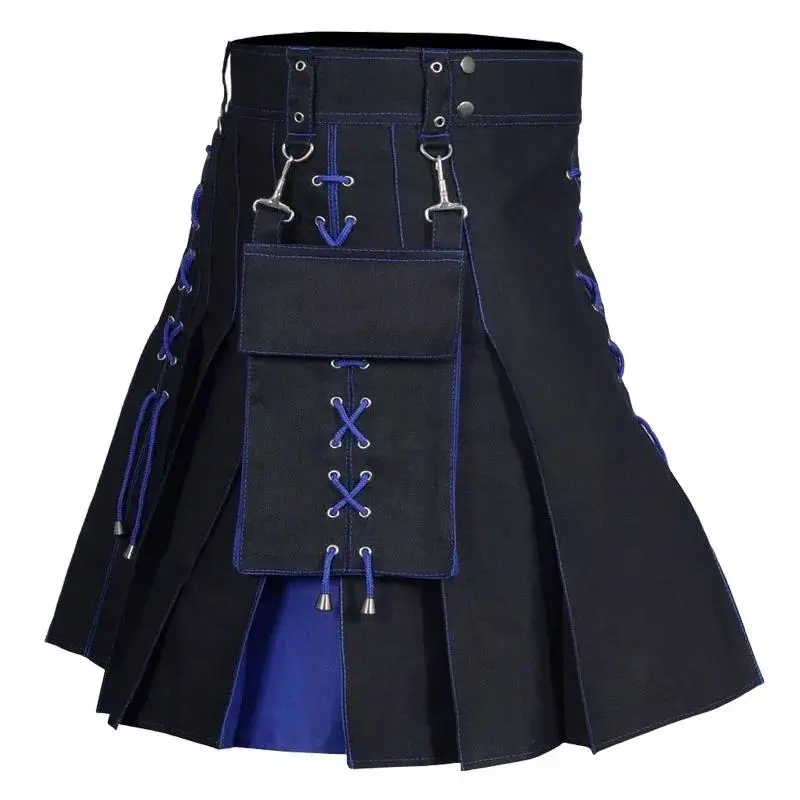 Men's Tartan Hybrid Kilt in Modern Utility Style, Mid-length Knitted Fabric with Pockets, Multi-size Pleated Holiday Costume, Pocketed