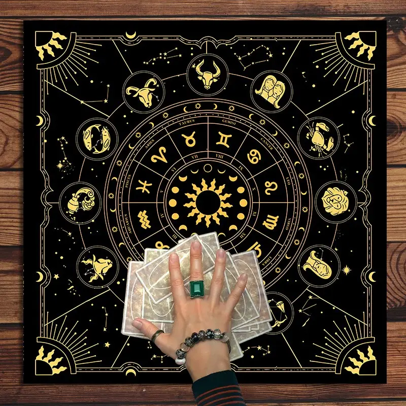 Black Gold 12 Zodiac Constellation Tarot Cloth Astrology Horoscope Sun Moon Star Altar Mat Soft Fabric Tarot Spread Table Tapestry Mystic Spiritual Divination Witchy Room Decor Gift