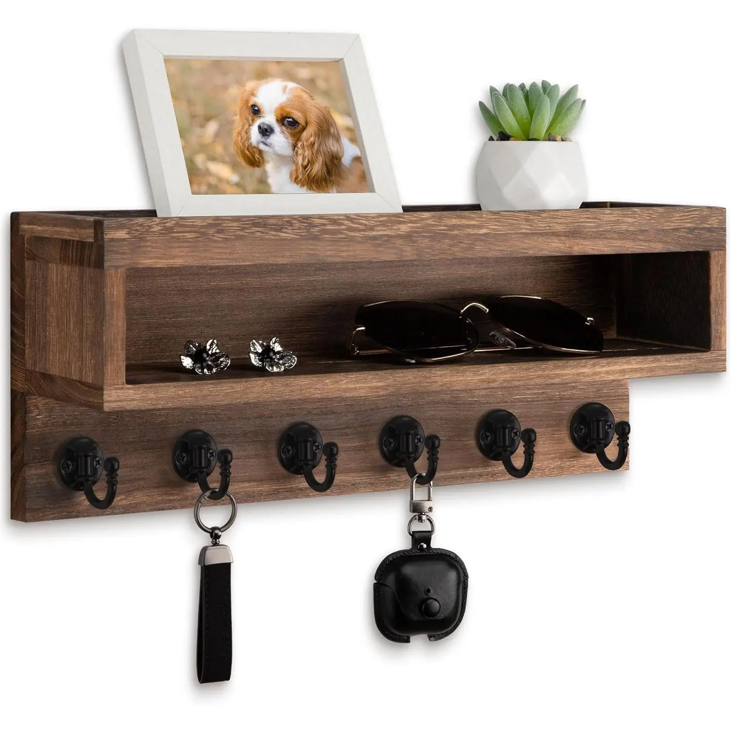 Key and Mail Holder Wall Mount with Long Storage Box and 6 Hooks