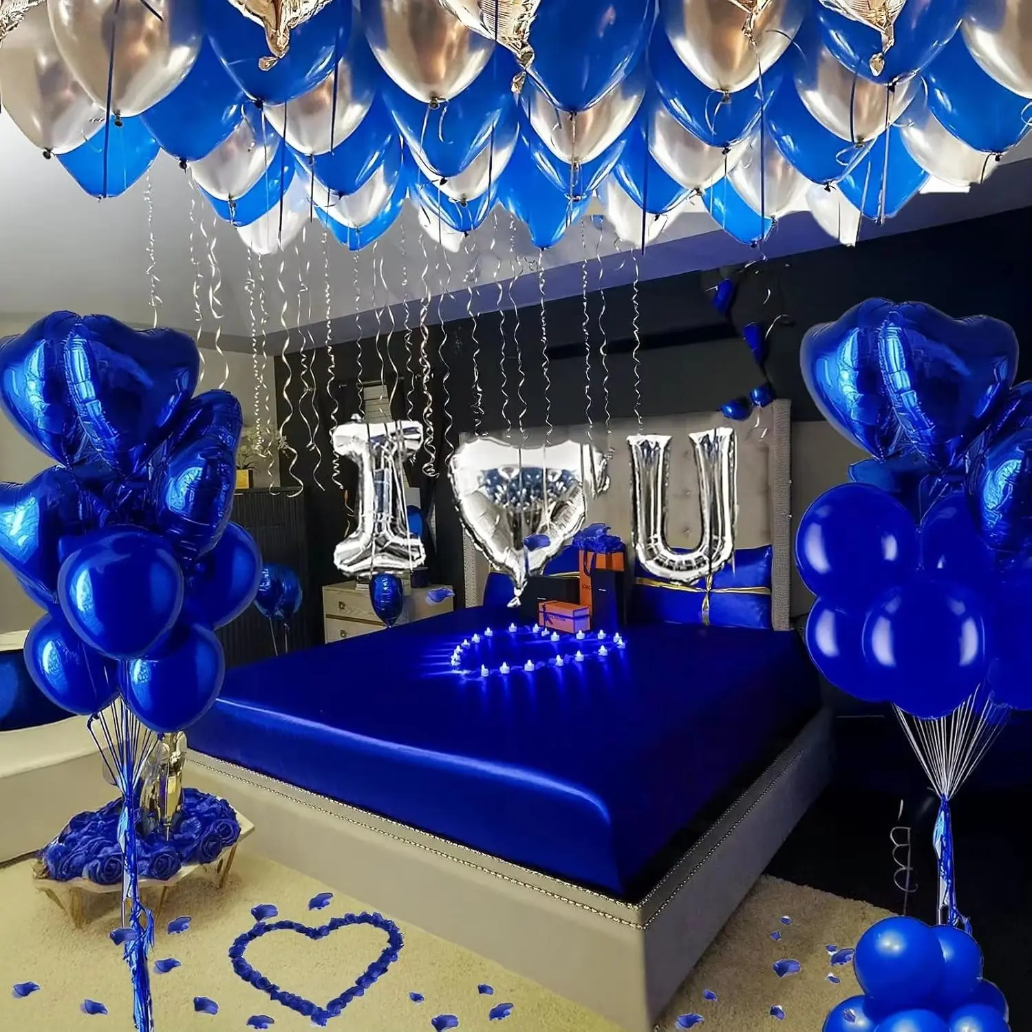 Love Me Set Blue Silver/ Balloon Kit, Includes Heart Balloons and Fake Rose Petals, Perfect for Valentine's Day, Anniversary, Proposal, Confession