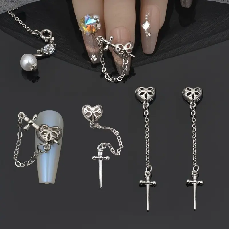 5-Piece Metal Cross Heart Bell Chain Nail Art Decorations, Luxury Nail Accessories, Elegant Manicure Embellishments, Trendy Beauty Supplies