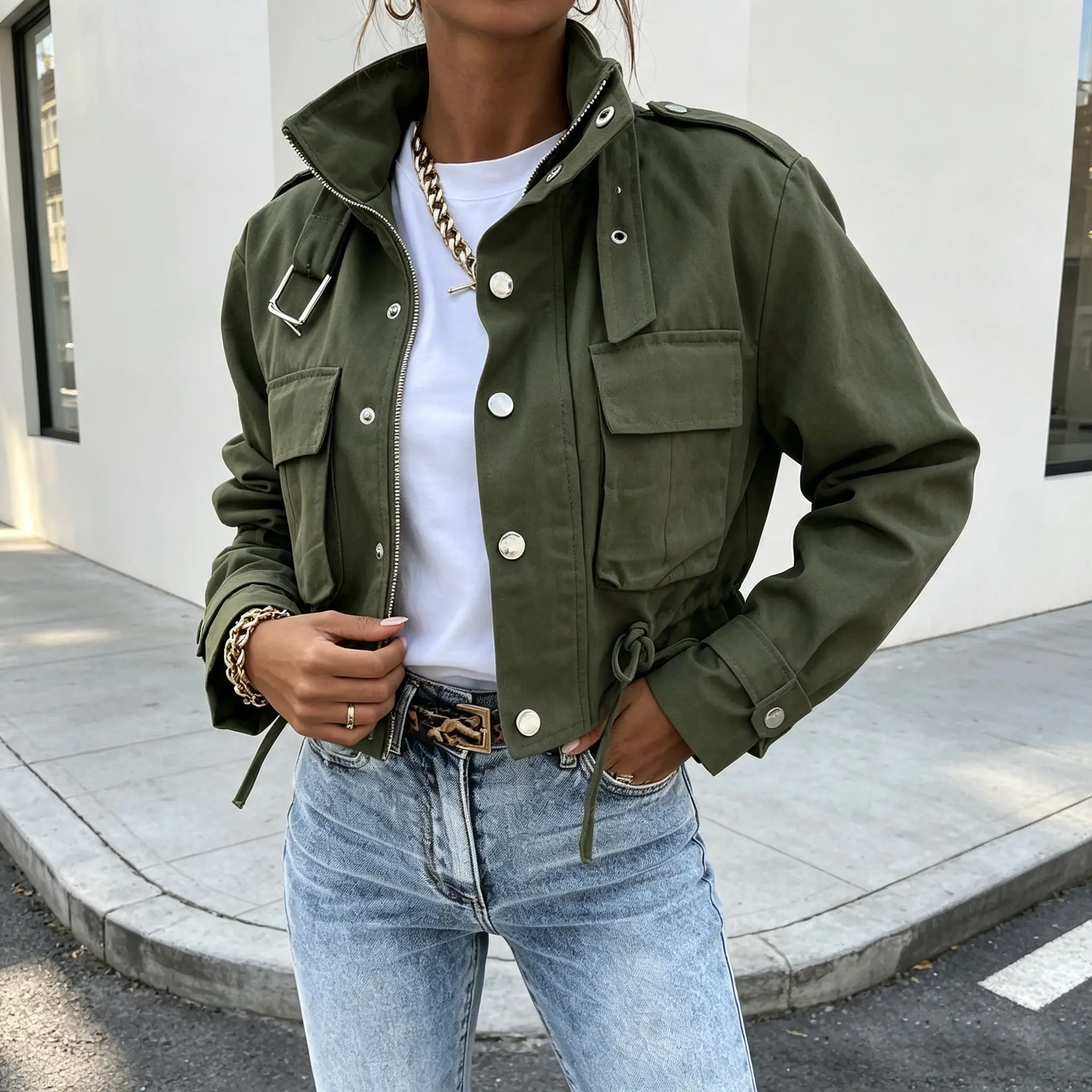 Women's Short Cropped Utility Field Jacket, Stand Collar Zip & Button Closure Drawstring Waist Cargo Pocket Long Sleeve Military Style Casual Outer Coat