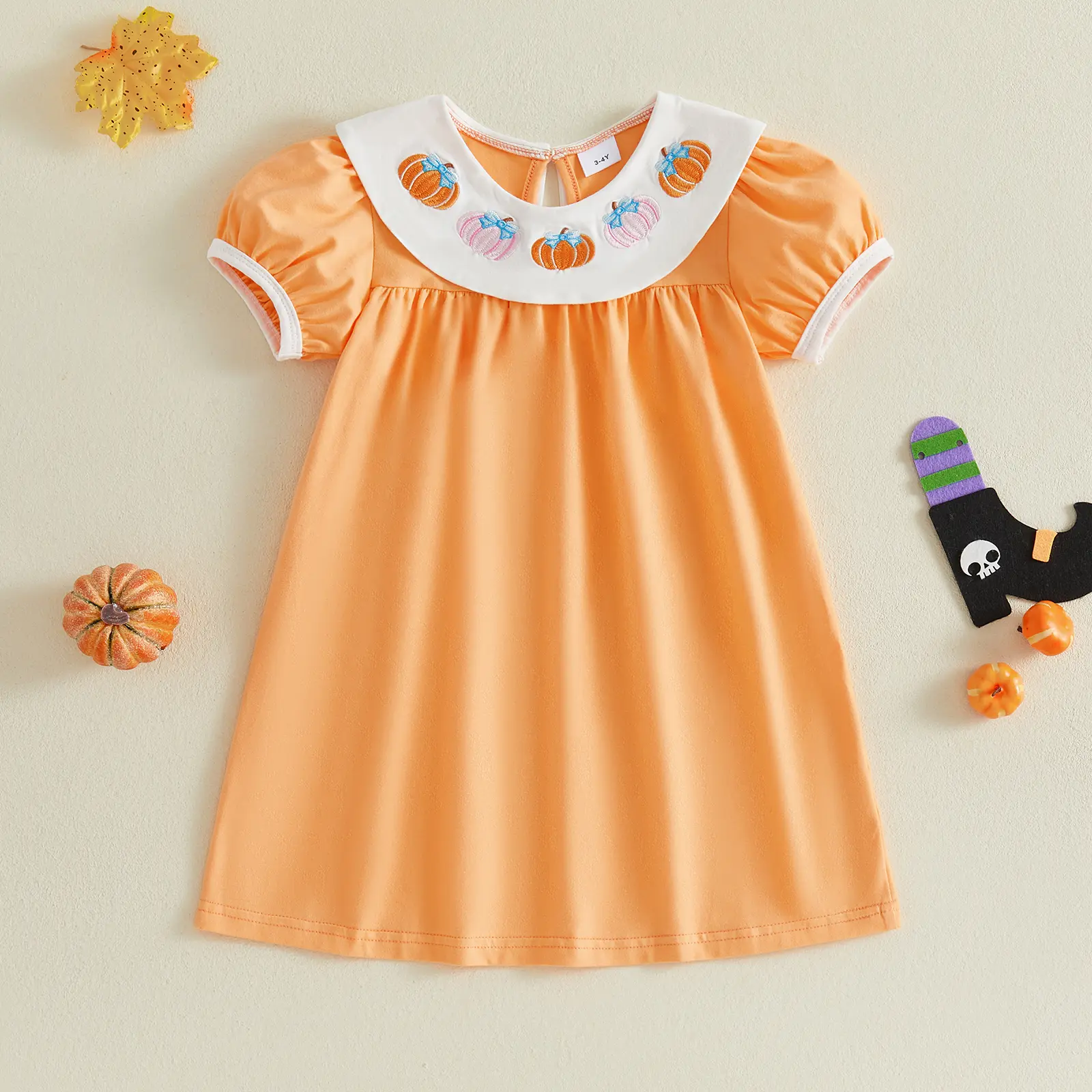 Toddler Baby Girl Halloween Dress Pumpkin Embroidery Smocked Short Sleeve Doll Collar Dress Fall Dresses