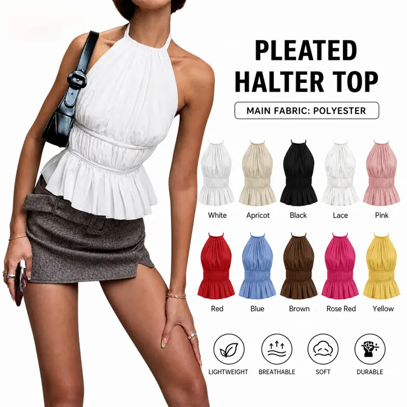 Women's Fitted Crop Top, Solid Chiffon Sleeveless Cami with Ruched Backless Detail and Tie Front