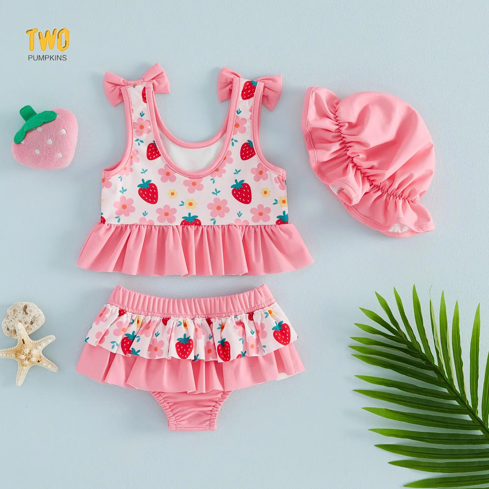 Toddler Girl Swimsuits Cute Strawberry Print Bikini Swimwear with Sun Hat Summer Bathing Suits 0-4 Years