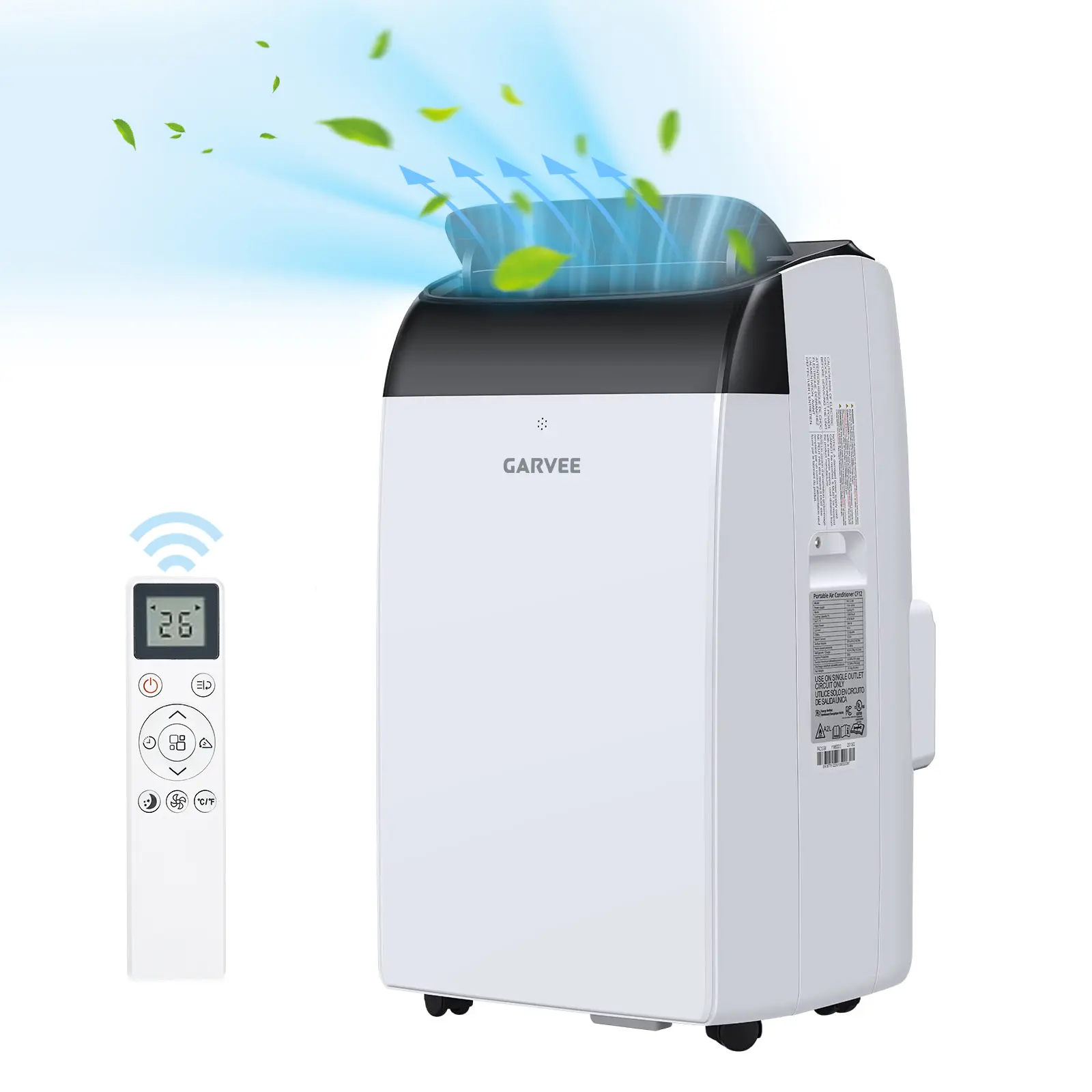 GARVEE 14,000 BTU Compact Portable Air Conditioner - 3-in-1 Unit with Cooling, Dehumidifier, Fan Functions - Timer, Remote Control, Sleep Mode, Smart Autoflow, Casters - For Living Rooms Up to 750 Sq Ft
