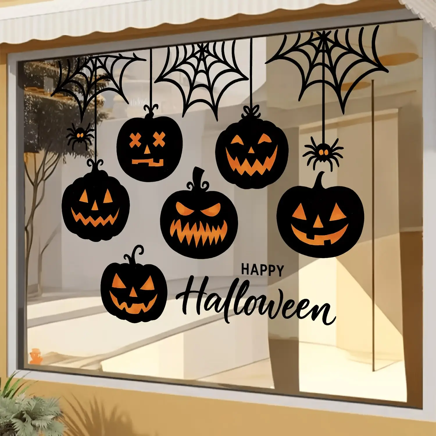 Halloween Ghost Pumpkin Window Sticker, Pumpkin Silhouette and Spider Web Glass Decal, PVC Adhesive-Free Static Sticker, Home Decor Festival Party Decoration