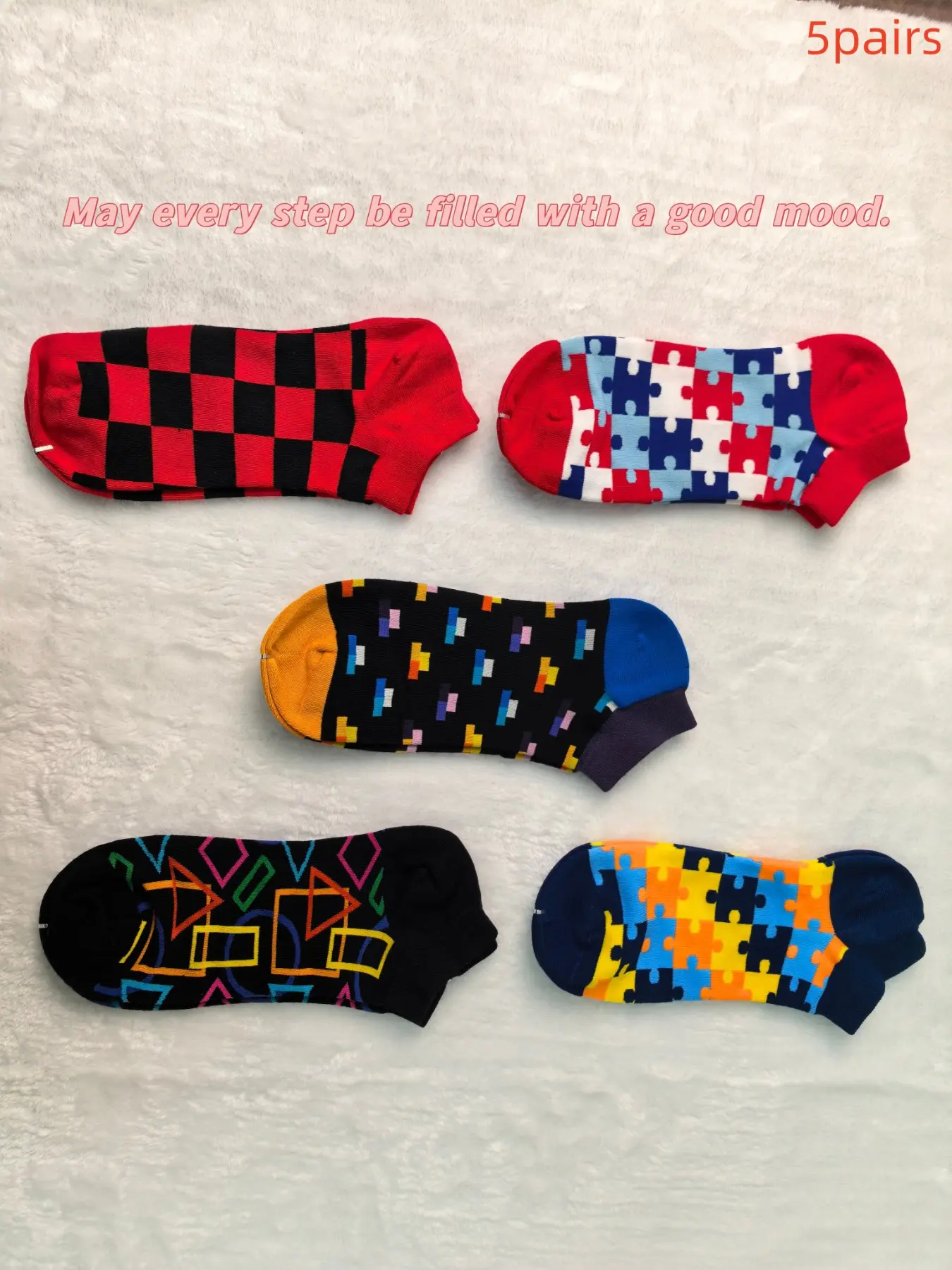 5 Pairs Combo Dopamine Colorful Puzzle Checkered Crew Socks, Unisex Art Geometric Print, Breathable Cotton, Trendy Streetwear Low Top Invisible Socks