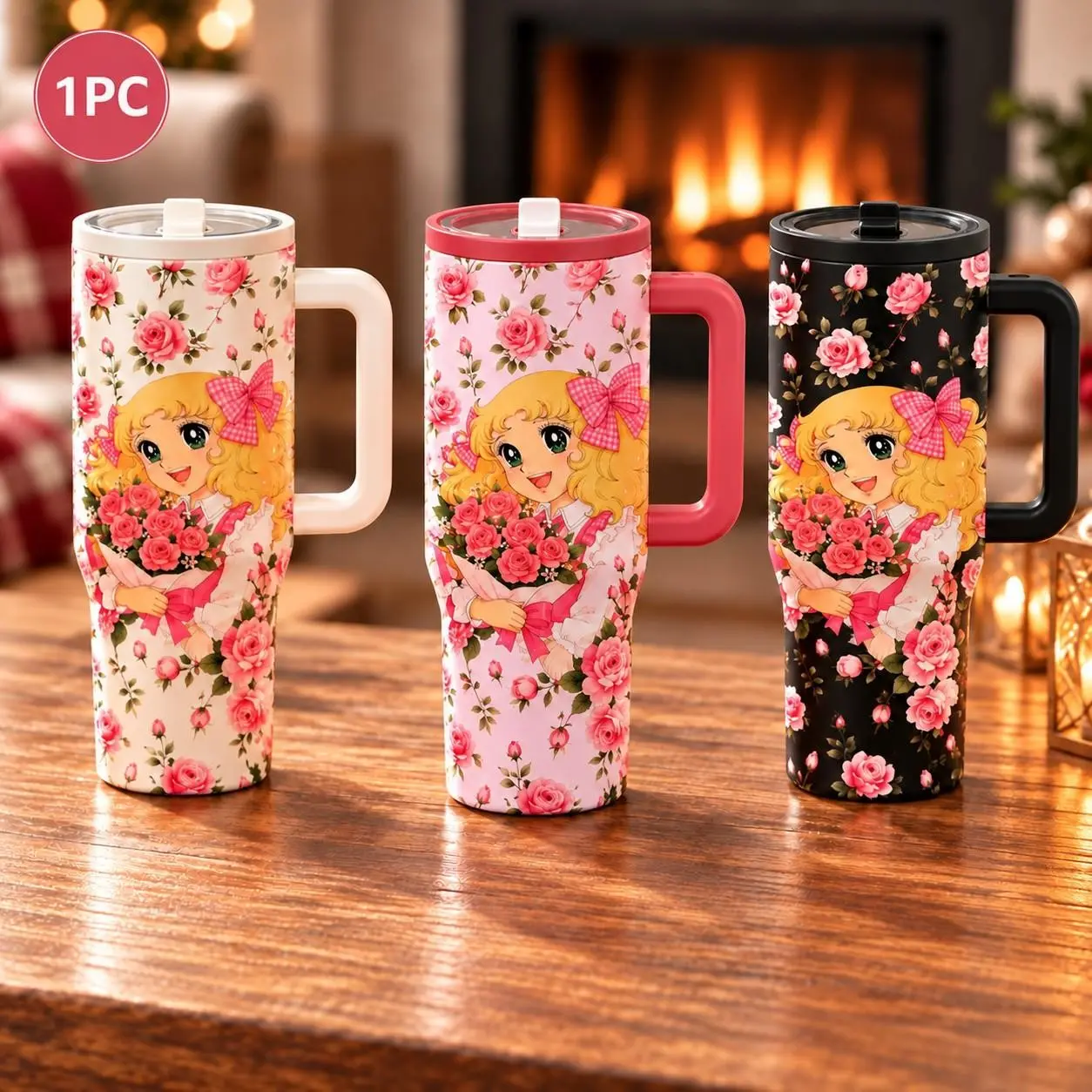 1PC 40oz Sweet Candy Girl Floral Pattern Insulated Tumbler with Handle and Straw, Stainless Steel Double Wall Vacuum Travel Mug with Lid, Cute Rose Princess Cup, Car Cup Holder Friendly, for Women Girls, School Office Travel, Birthday Christmas Gift