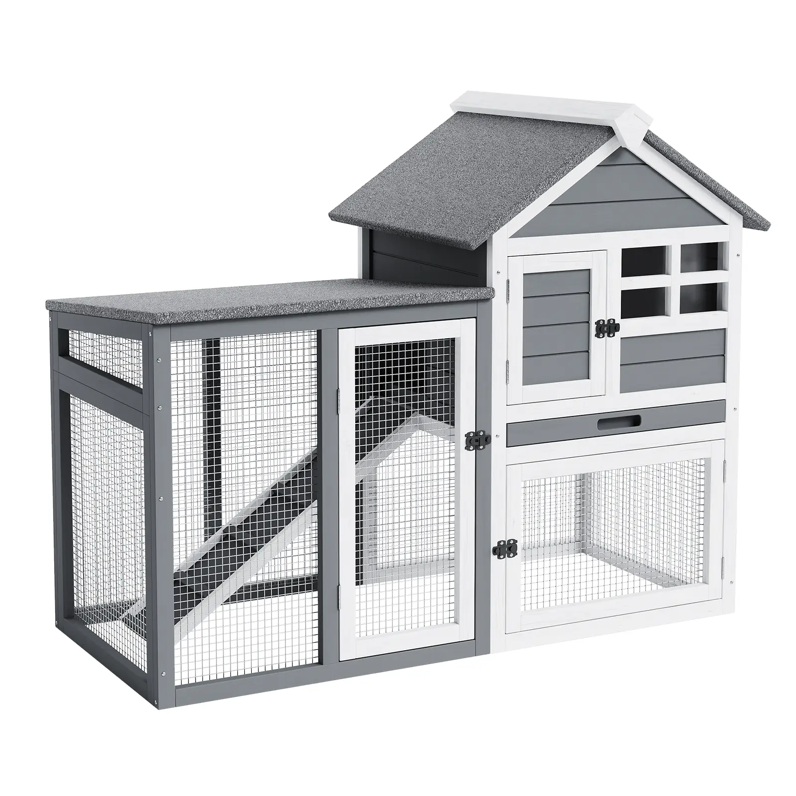 2-Story Wooden Small Animal Cage for Rabbits, Chickens, Ducks, Quail – Indoor/Outdoor Hutch with Waterproof Roof, Pull-Out Tray, Anti-Slip Ramp – Spacious Pet House, 45.28" x 20.08" x 36.61"