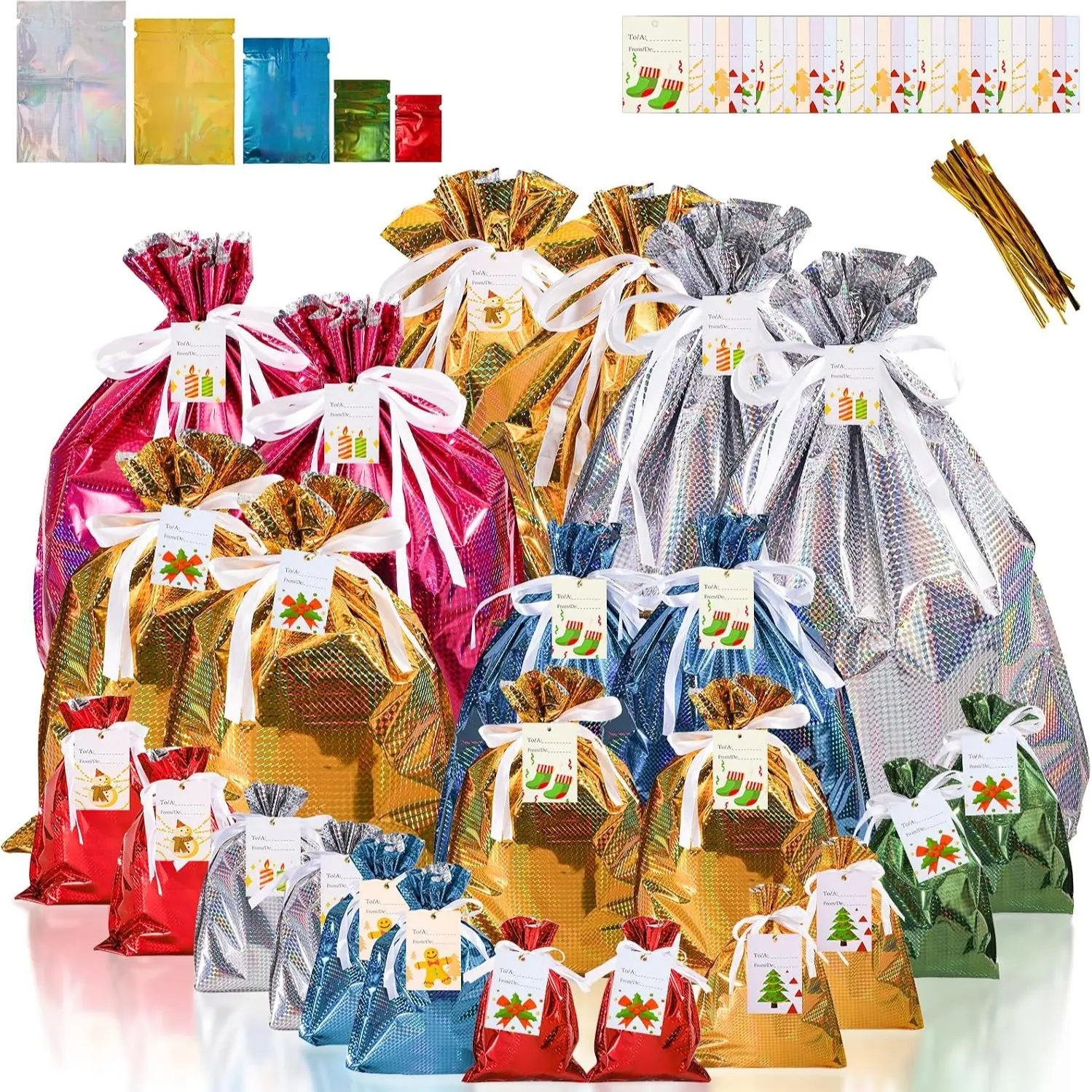 16 Packs Durable Colorfast Gift Bags, Goodie Bag, Assorted Size, Colorful Drawstring-Aluminum Foil Reusable Material, Christmas Drawstring Gift Bags, with Colorful Tag, Wrapping Gift Bags, Assorted Sizes Holiday Gift Bag, Christmas Bag