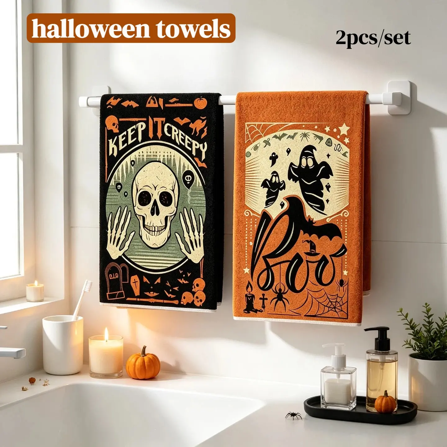 2Pcs Halloween Kitchen DecorTowels，Skeleton pattern featuring design，Microfiber Witch Ghost Dish Towels &Heat Resistant，Cooking Accessories for Holiday Gifts，Kitchen Must Haves， Decoration Bakeware，halloween decoration