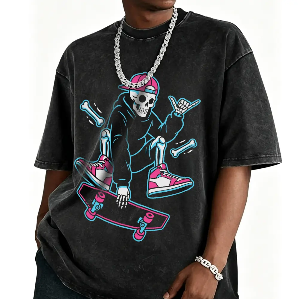 Vintage Skating Skeleton Graphic Tee | Retro Acid Wash Oversized T-Shirt | Unisex Y2K Skater Streetwear Heavyweight Top