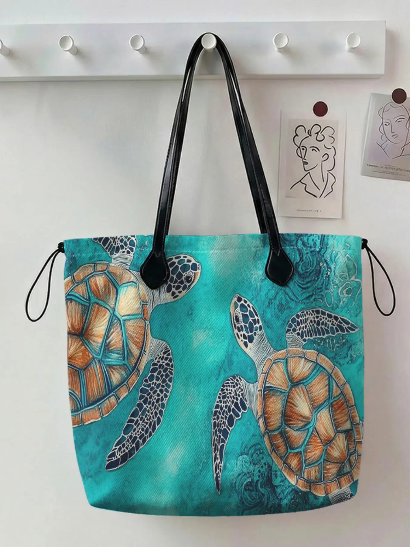 Sea Turtle Pattern 2D Print Drawstring Tote Bag, Large Capacity Durable Beach Tote Shopping Bag, Casual All-Season Multi-Scene Use