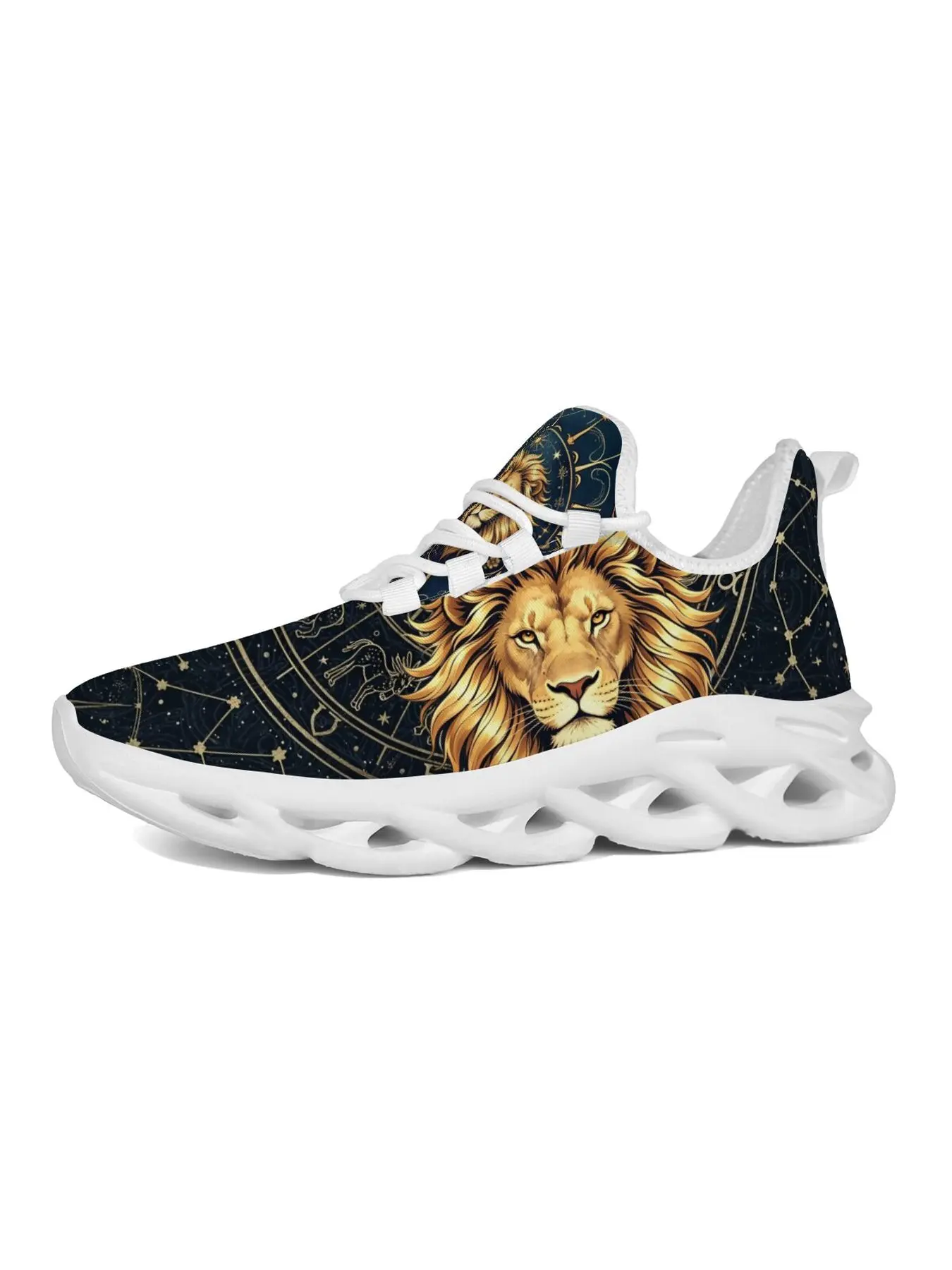 Trendy Golden Lion Leo Constellation Print Chunky Sneakers, Star Sky Zodiac Graphic Lace Up Blade Athletic Shoes, Lightweight Breathable Casual Walking Running Shoes for Men Women Streetwear