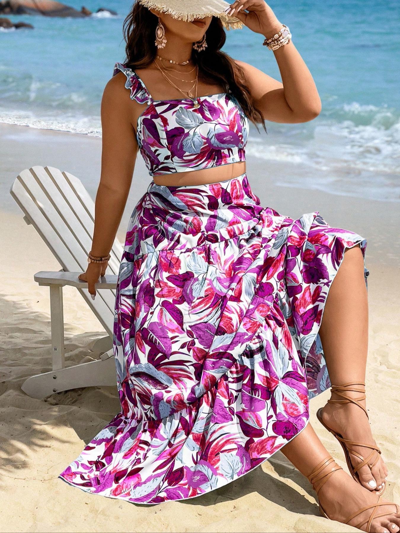 [Plus Size] Leaf Print Sleeveless Short Crop Top & Skirt Set, Boho Bohemian Fashion Casual Two-piece Set Short Sets for Beach Vacation Holiday, Women's Clothing for All Seasons, Womenswear, Lady
