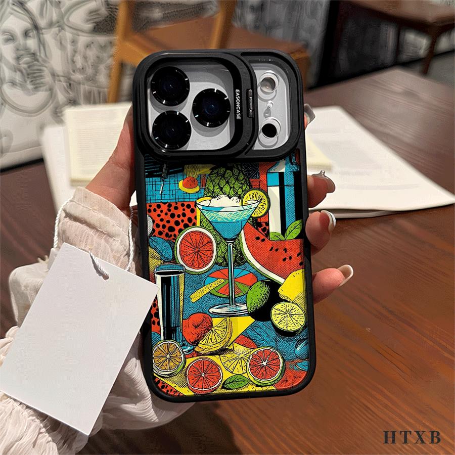 Cocktail Lemon Pattern Metal Camera Cover Magnetic UV Printed Phone Case, suitable for iPhone 17, 16, 15, 14, 13, 12 Pro Max/Pro/Plus series