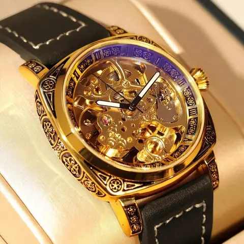 Men's Vintage Business Hollow Out Dial Mechanical Wrist Watch, Analog Wristwatches, Fashion Watch for Party, Daily Clothing Decor, Trendy All-match & Exquisite Watch for Gift with Box, Fashionable Wristwatch