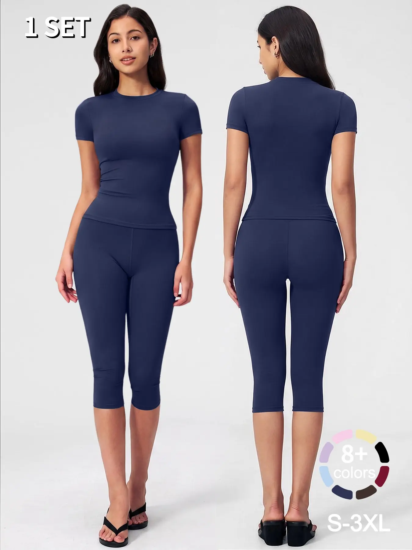 1Set Women's Workout T-shirt Capri Leggings Capris Yoga Pants High Waist Short Sleeve T-shirts Slim Fitness Yoga Suit for Gym Sports Daily wear All Seasons