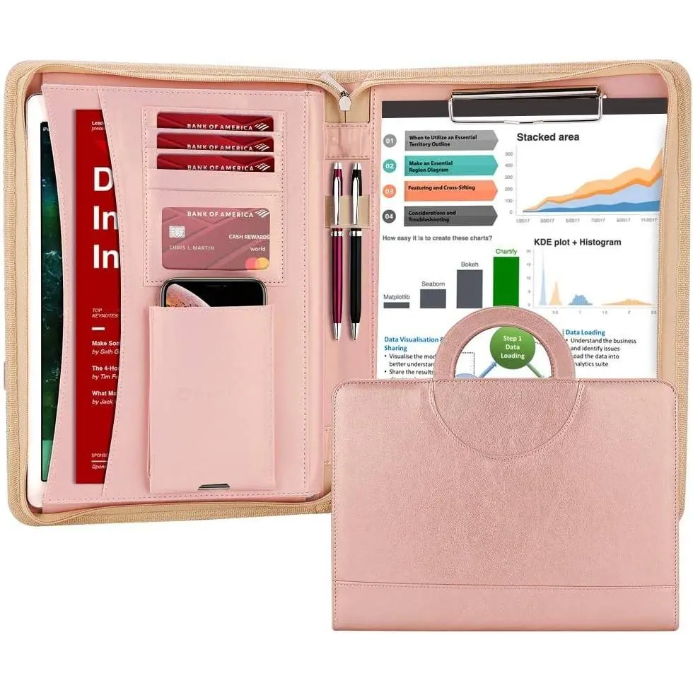 Vegan Leather Padfolio Portfolio with Handle & Clipboard, Zippered Business Portfolio Organizer for Meetings, Interviews & Travel, Fits A4 & Letter Size, Padfolio for Men Women (Rosegold)