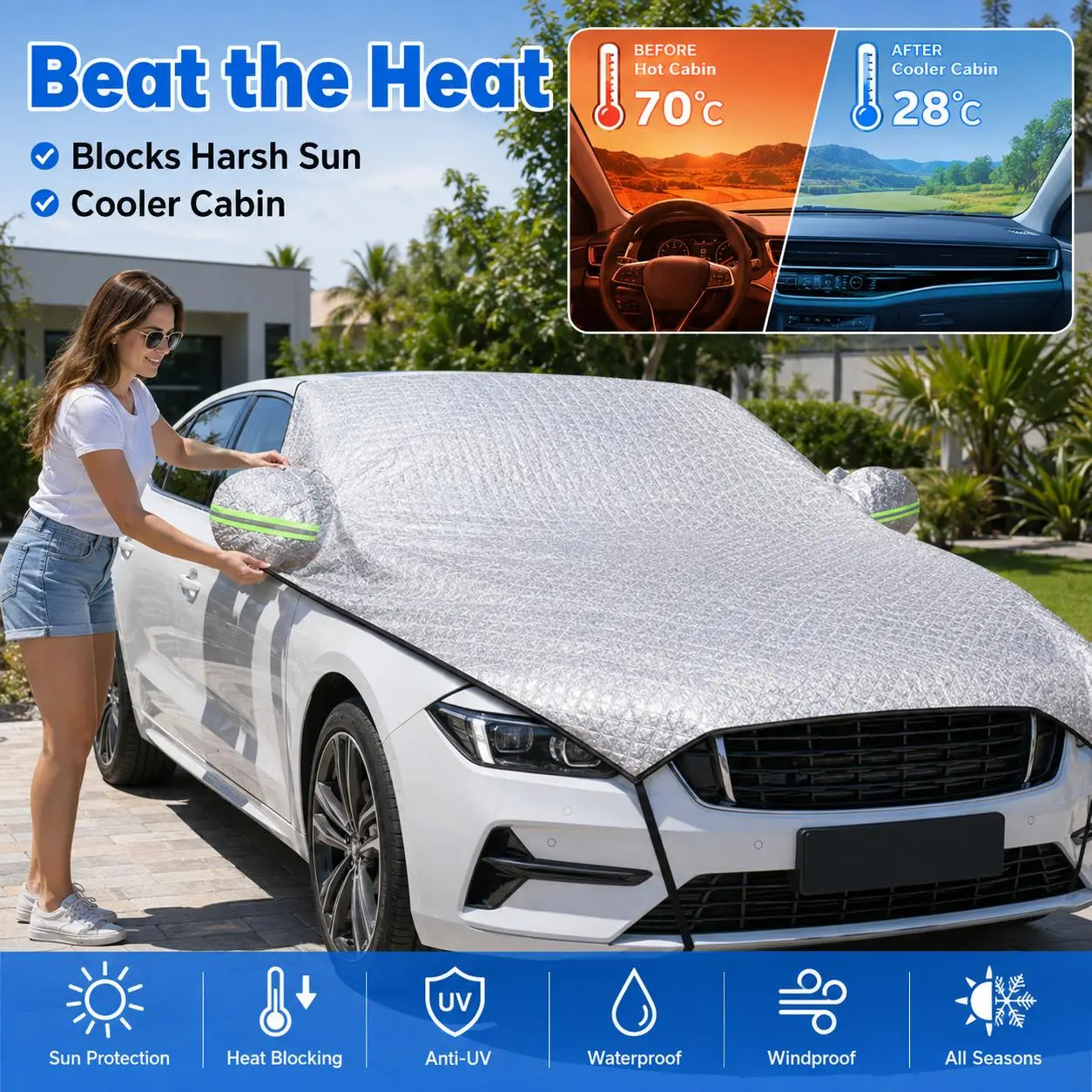Car Windshield Snow Cover & Sun Shade, Extra-Long All-Weather Front Window Half Cover with Extended Side Mirror Protection, Thickened Heat Insulation Shield, Easy-Fold Anti-Frost Sun Block for Cars, Sedan, SUV Outdoor Parking