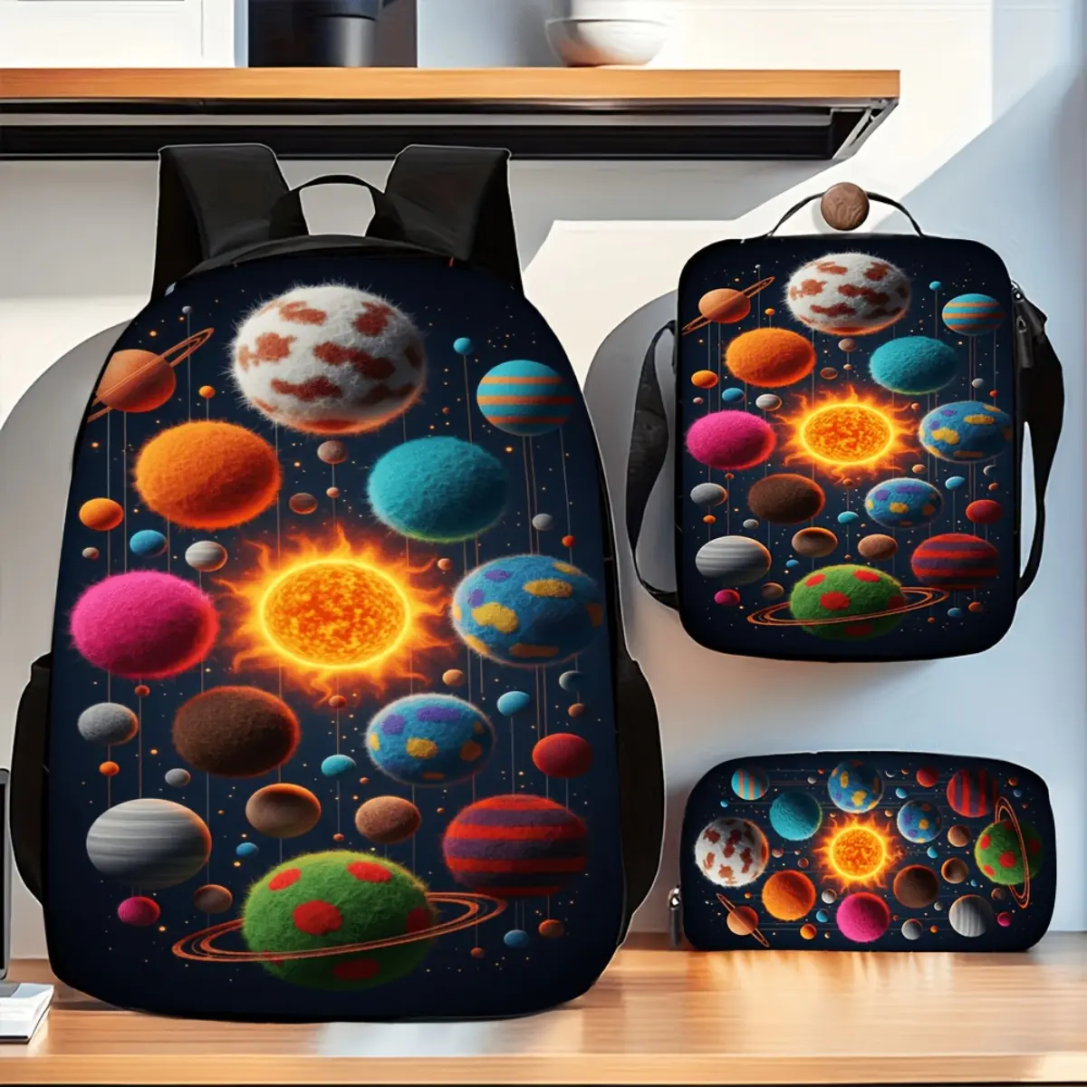 3pcs 2D Cute Wool Felt Solar System Planets Print Backpack Crossbody Bag Pencil Case Set