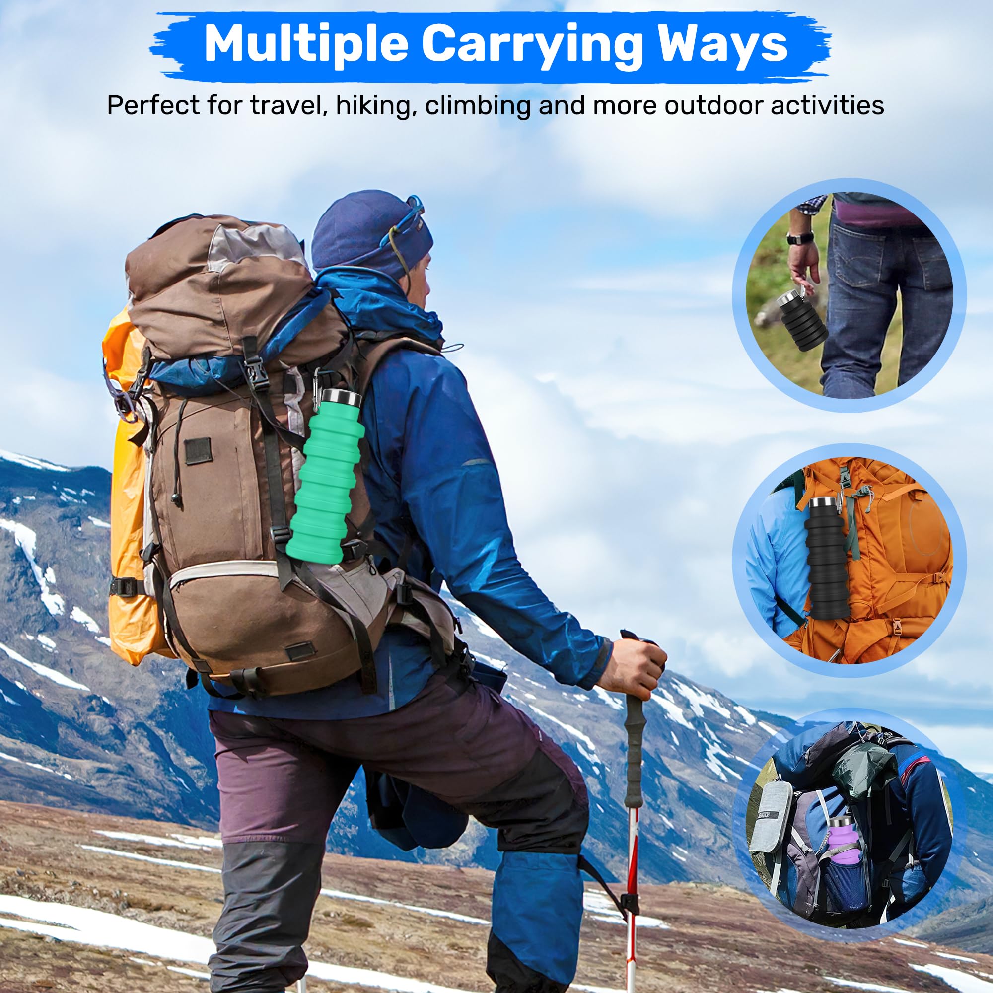Collapsible Water Bottle, Leak-proof Foldable Reusable Bottle with Carabiner, Summer Cool Bottle Portable Outdoor Sports Water Bottle for Travel Sports Gym Hiking Camping Cycling, Silicone Bottle, Leakproof Water Bottle, Reusable Water Bottles