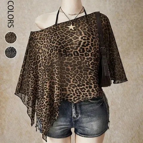 Women's Casual Leopard Print Asymmetrical Shoulder Mesh Loose Top, Summer Comfortable Lightweight Design Blouse