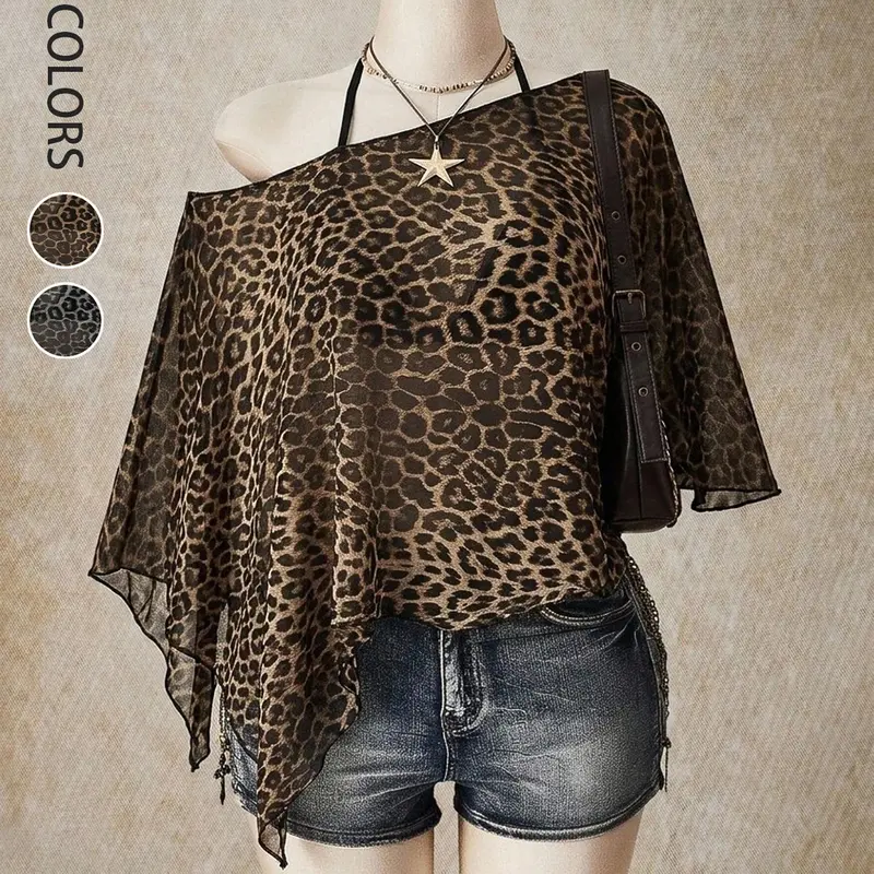 Women's Casual Leopard Print Asymmetrical Shoulder Mesh Loose Top, Summer Comfortable Lightweight Design Blouse