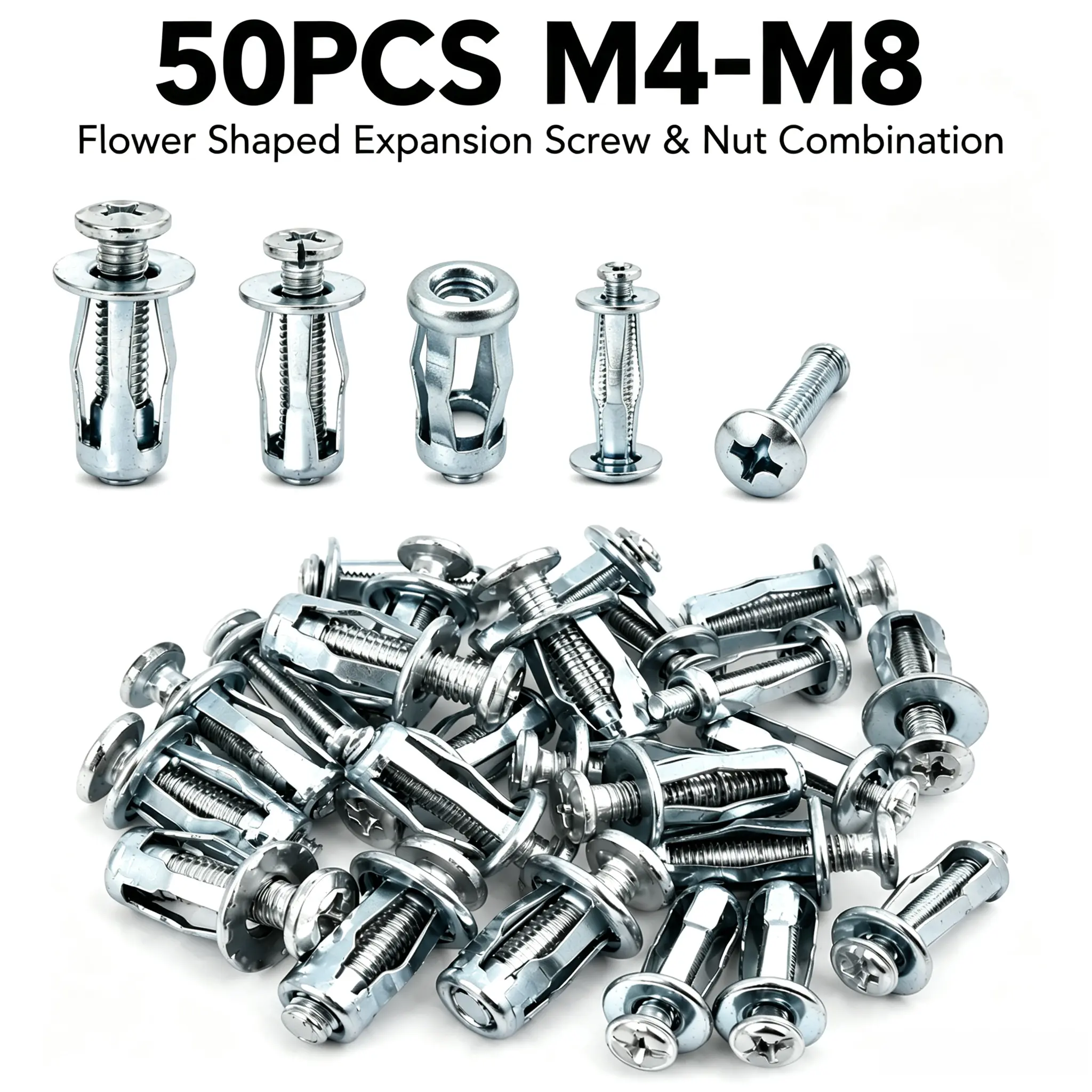 YY1 Series Flower Shaped Expansion Tip Screws+Nuts Combination, M4-M8 Extension Screws, Wall Mounting Hardware Accessories for Hollow Wall, Advertising Board (1 Count per Screw-Nut Pair)