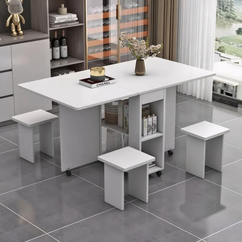 Folding Drop Leaf Dining Table Set for 4 with 4 Chairs, Space Saving Foldable Dining Table with Storage and 6 Wheels, 47.2 inch D x 23.6 inch W x 30.3 inch H, White Folding Drop Leaf Dining Table Set for 4 with 4 Chairs, Space Saving Foldable Dining Table with Storage and 6 Wheels, 47.2 inch D x 23.6 inch W x 30.3 inch H, White