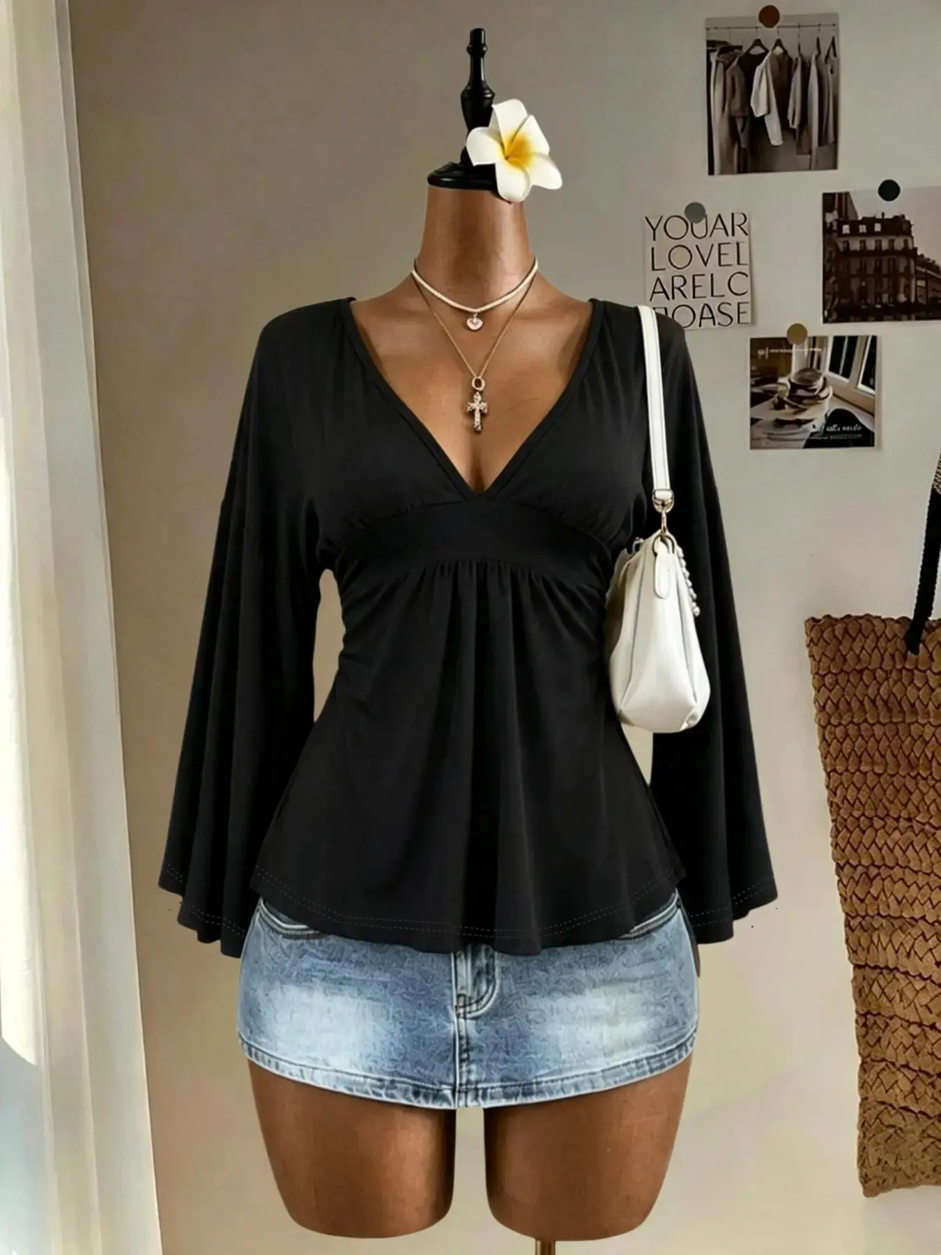 Deep V Neck Batwing Sleeve Top, Waist Ruched Design, Loose Fit Long Sleeve T-Shirt, Casual Chic Comfortable Apparel for Women