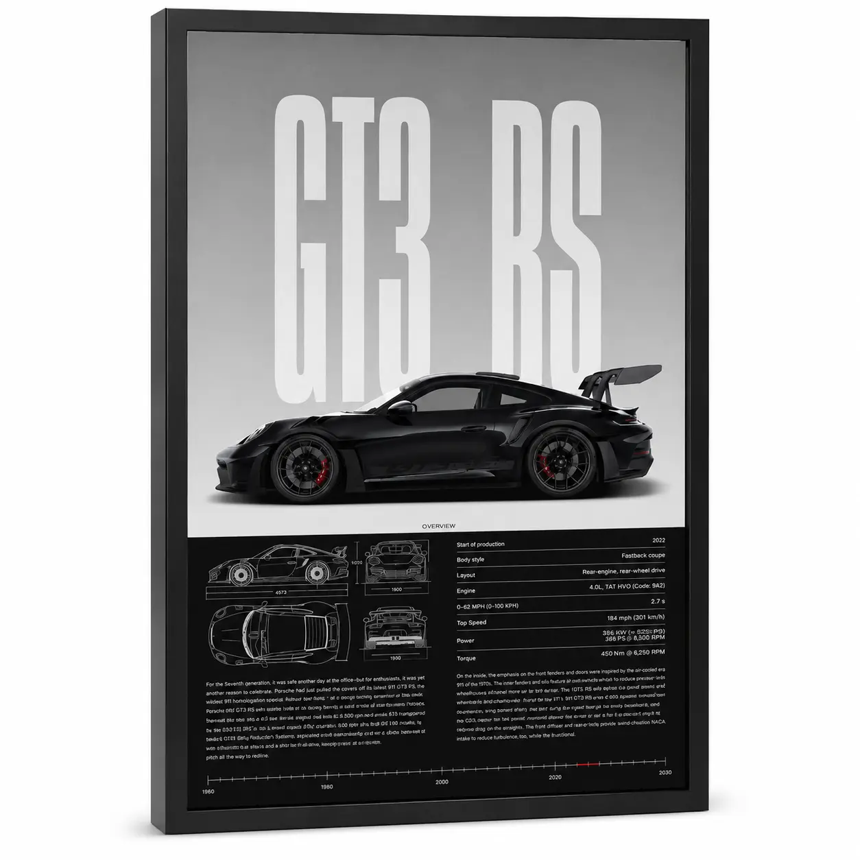 High-Performance GT3 RS Specification Framed Canvas Wall Art, Decorative Vehicle-Themed Artwork for Garage & Living Room, Stylish Room Decor Ornaments for Home Decoration