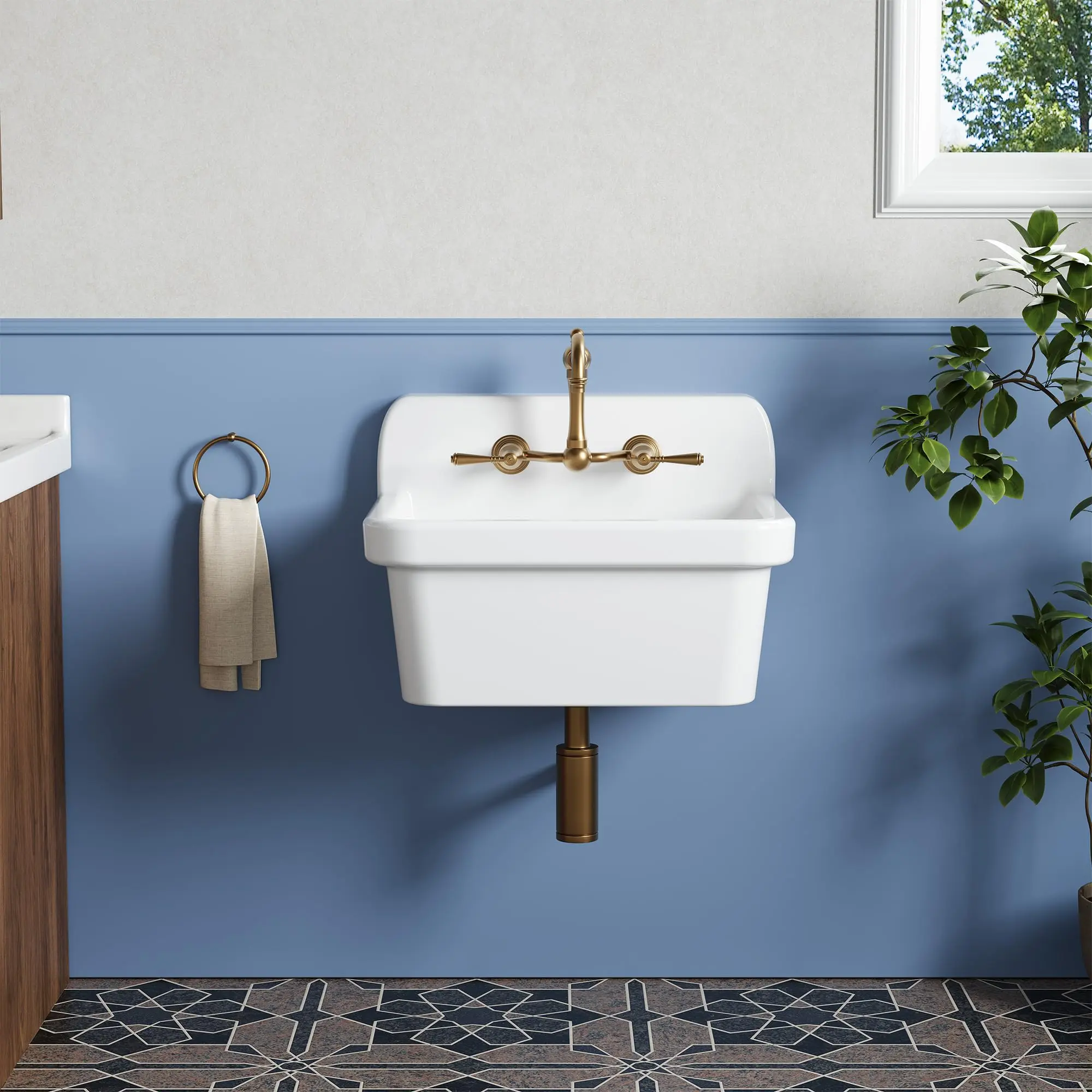 Wall-Mount Ceramic Utility basin, Deep Single Bowl Laundry Tub with High Backsplash - Service Wash basin
