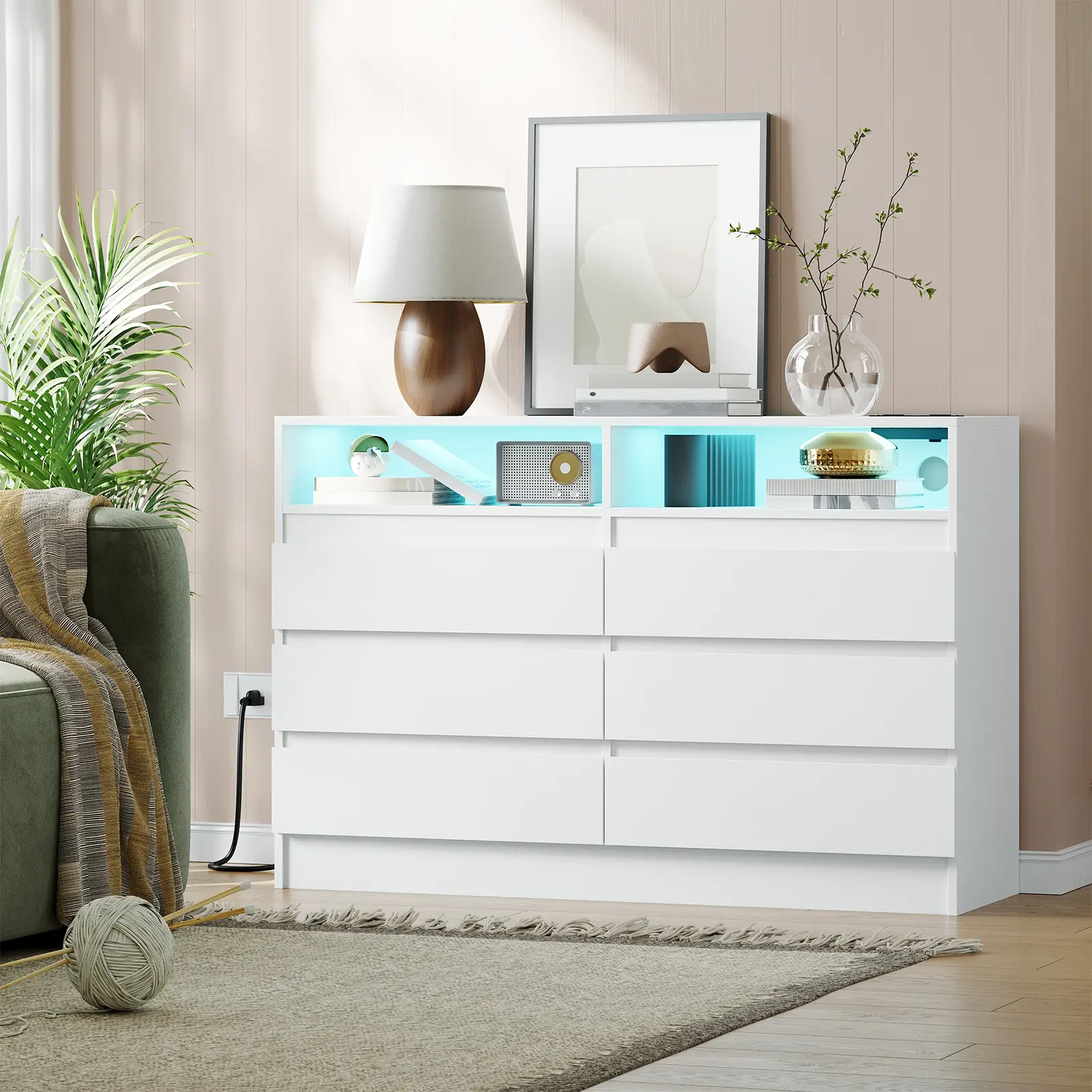 6-Drawer Dresser with USB Charging Station & LED Lights – Wide Storage Cabinet with Power Outlet – Contemporary Chest of Drawers for Bedroom, Living Room, Entryway – White/Black(2 Boxes)