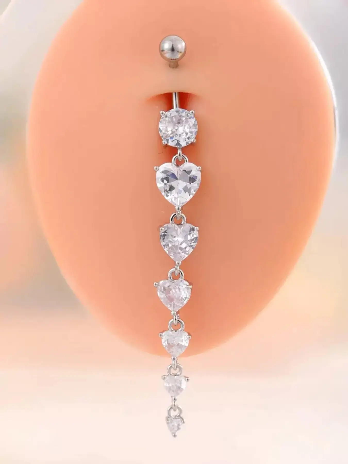 1pc Long Heart Dangle Belly Button Ring 6pcs AAA Cubic Zirconia Inlay Belly Ring Stainless Steel Navel Piercing Body Jewelry For Women