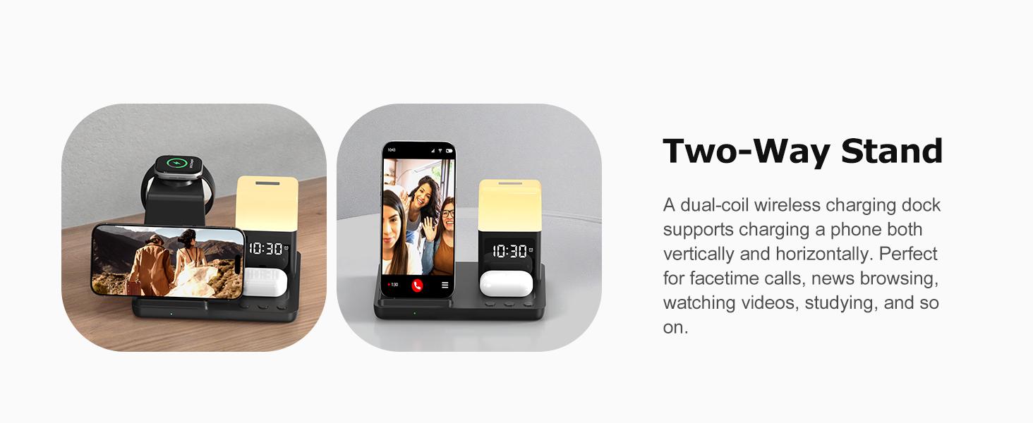 Wireless Charging Station Alarm Clock with 8 Touch Night Lights: 5 in 1 Charger Stand for Apple Devices - Charging Dock for iPhone 17 16 15 14 13 12 Pro Max Plus/Apple Watch/AirPods, Dimmable