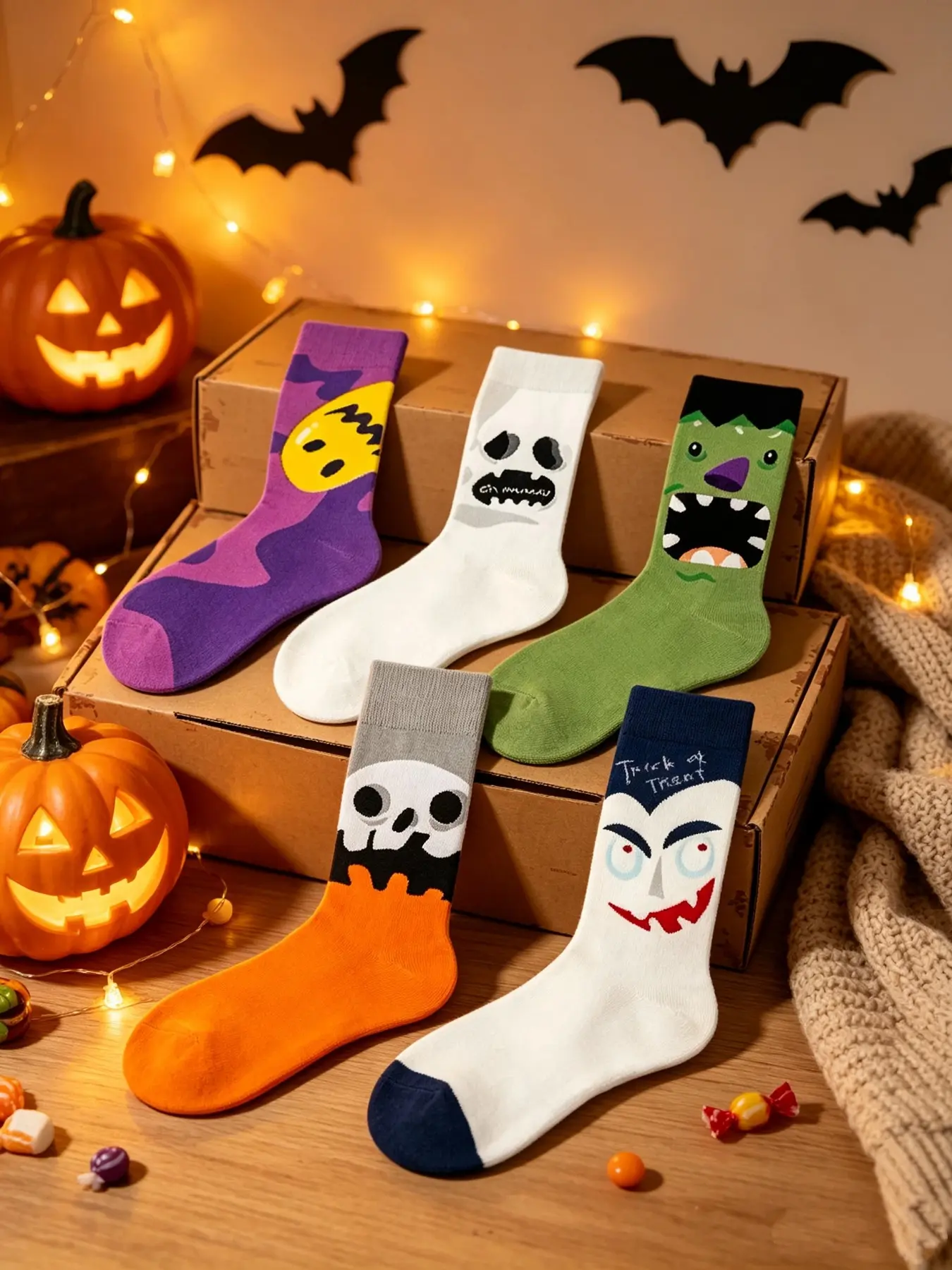 Halloween Pumpkin Ankle Socks for Men and Women, Breathable Sweat-Wicking Casual Trendy Long Socks, Couples' Matching Socks Set of 5 Pairs