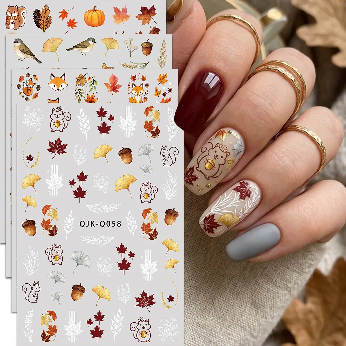 4 Sheets Autumn Harvest Nail Art Stickers, Maple Leaf Ginkgo Squirrel Fox Honey Jar Designs, Thanksgiving Fall Fashion Decor, Professional Manicure Supplies, Nail Art Supply
