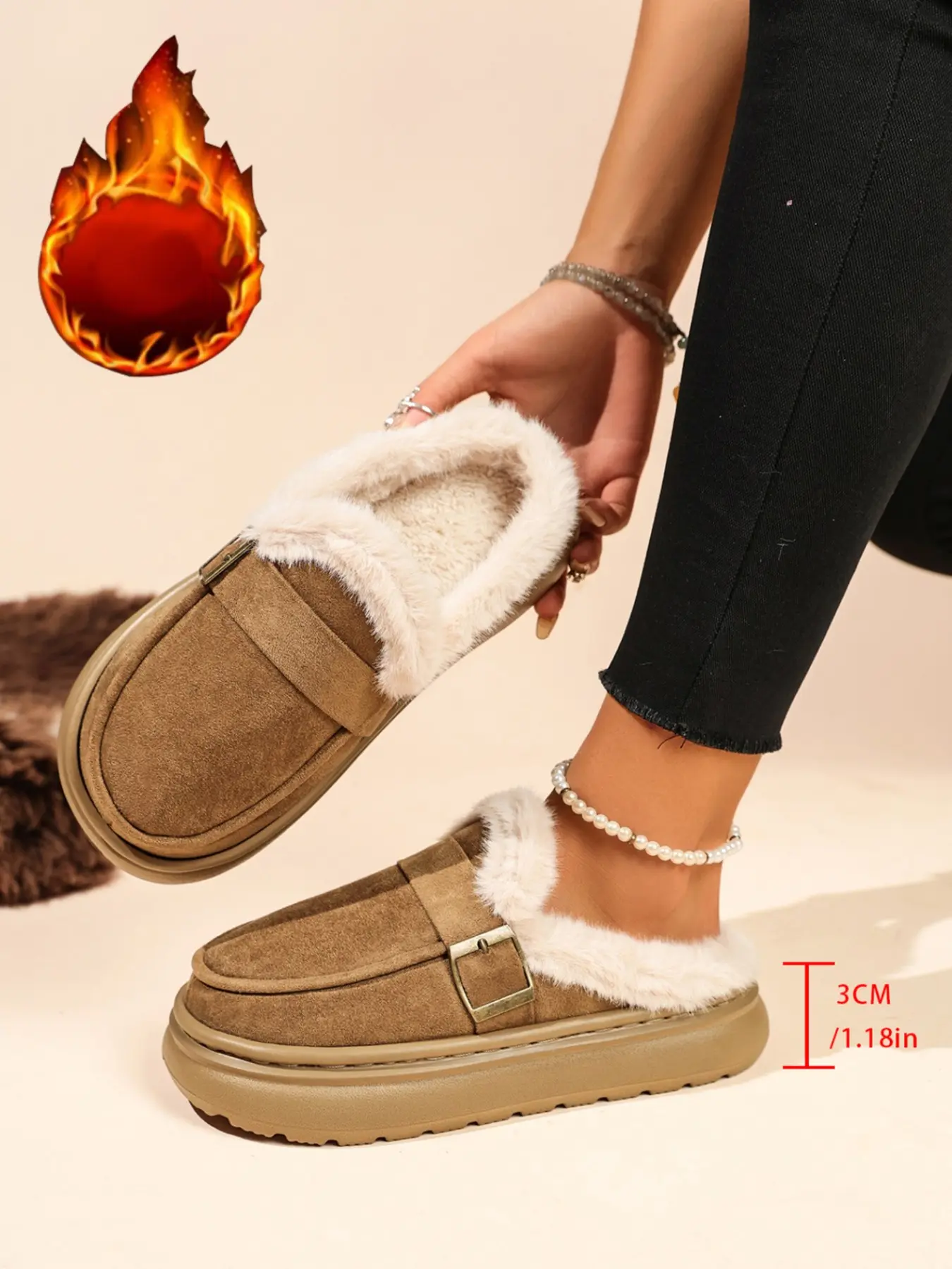 Women's New Thick Sole Fuzzy Mule Slippers, Thick Soled Mules, Metal Buckle Warm Mules, Frayed Edge Lazy Mules, Retro Casual Style, Daily Outing, Home Relaxation