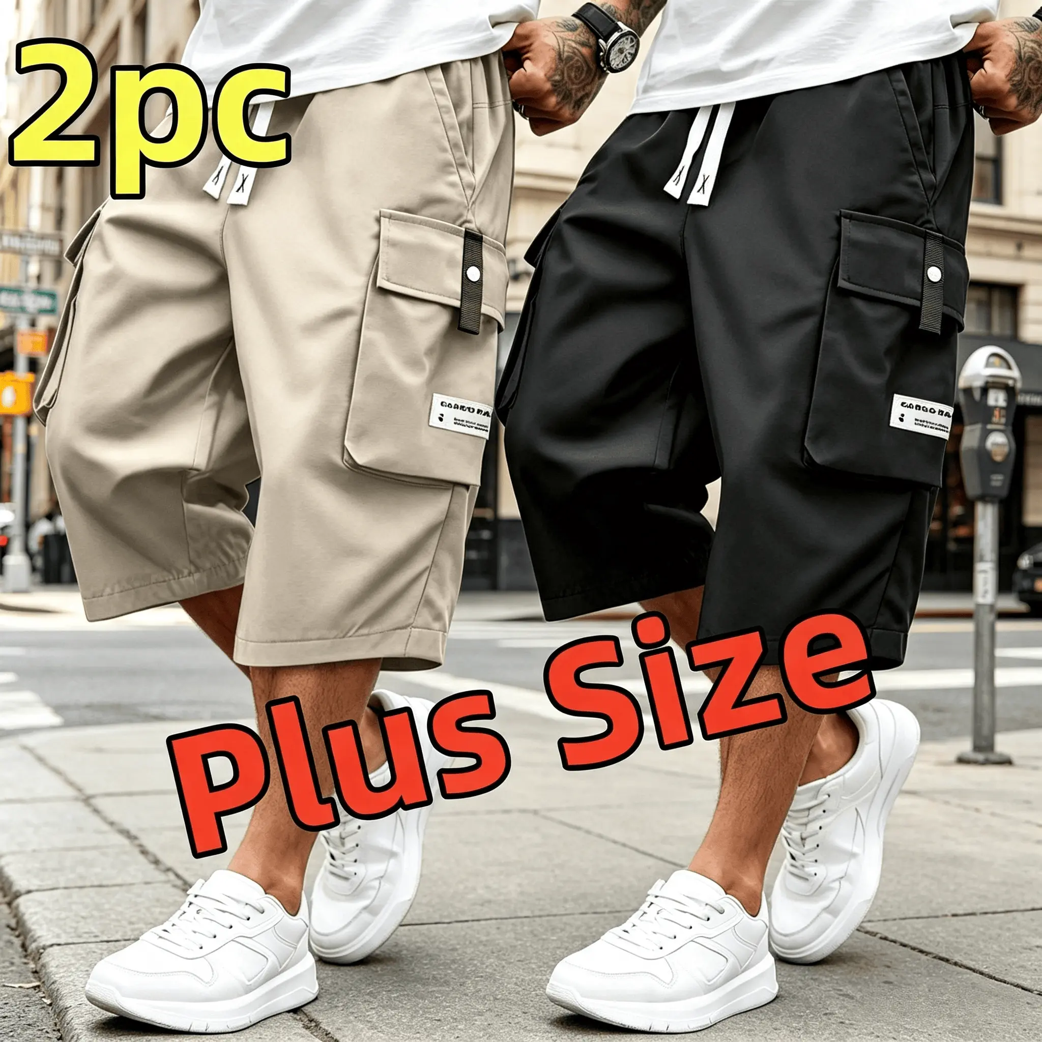 2PC Plus Size Men's Workwear Shorts, Elastic Waistband Drawstring Summer Casual Shorts, Button Decoration, Multi Pocket Outdoor Hiking Daily Workwear