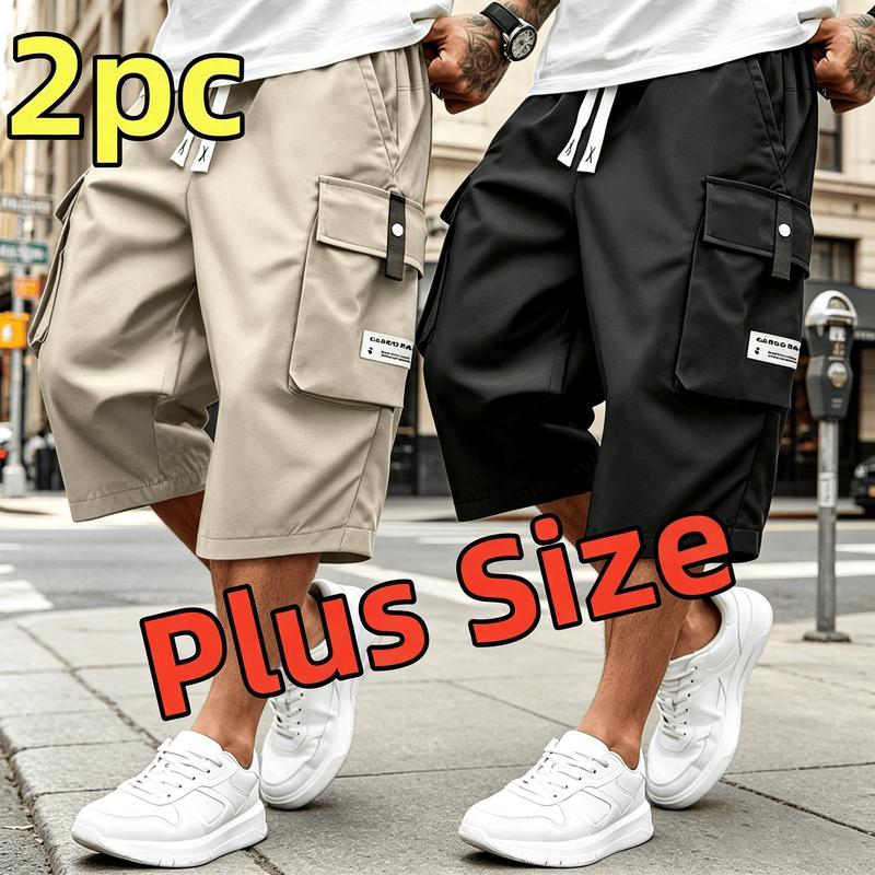 Men's Plus Size Polyester 2PC Workwear Drawstring Cargo Shorts - Elastic Waistband, Button Decoration, Multi Pockets, for Summer Casual, Outdoor Hiking