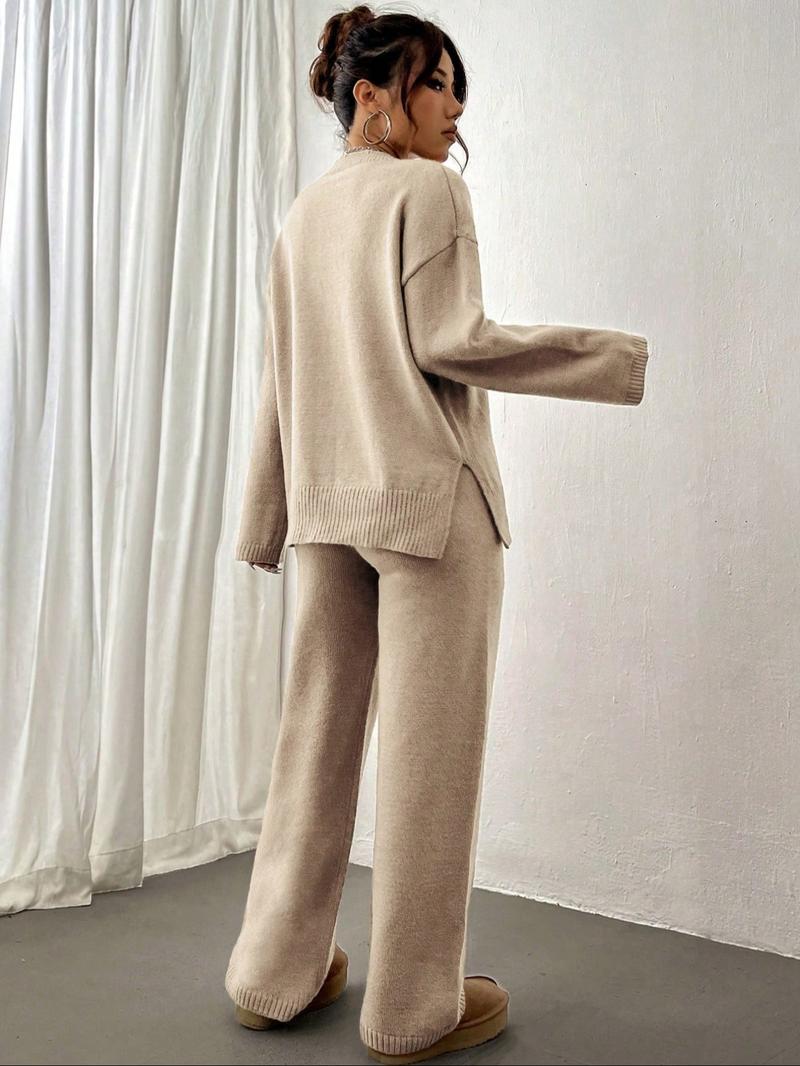 【Plus Size】 Two-Piece Set Women's Solid Color Sweater & Pants, Casual Fashion Knitwear Set for Daily Outdoor Wear, 2 Piece Sets Women, Women Knitwear for Fall & Winter