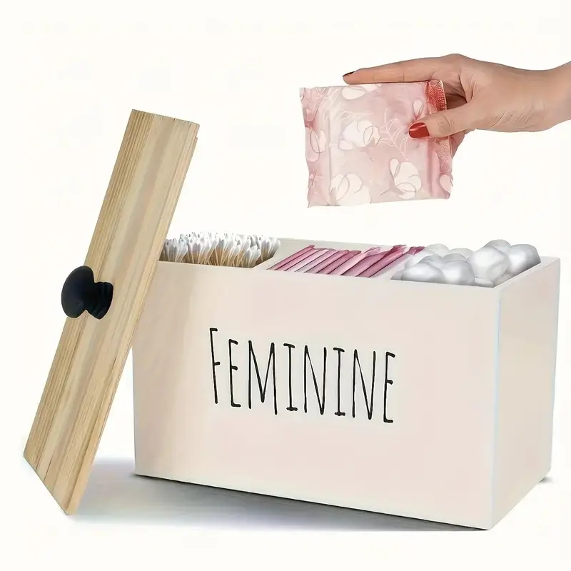 Wooden Sanitary Napkin Box with Lid, Farmhouse Style Aesthetic Bathroom Storage Container, Decorative Wooden Organizer for Bathrooms, Bathroom Accessories