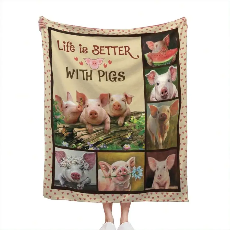 Pig Print Polyester Flannel Air-Conditioning Blanket - Ultra-Soft, Lightweight Animal Theme Throw for Living Room Sofa, Bed, Home Interior Multi-Size Bedding
